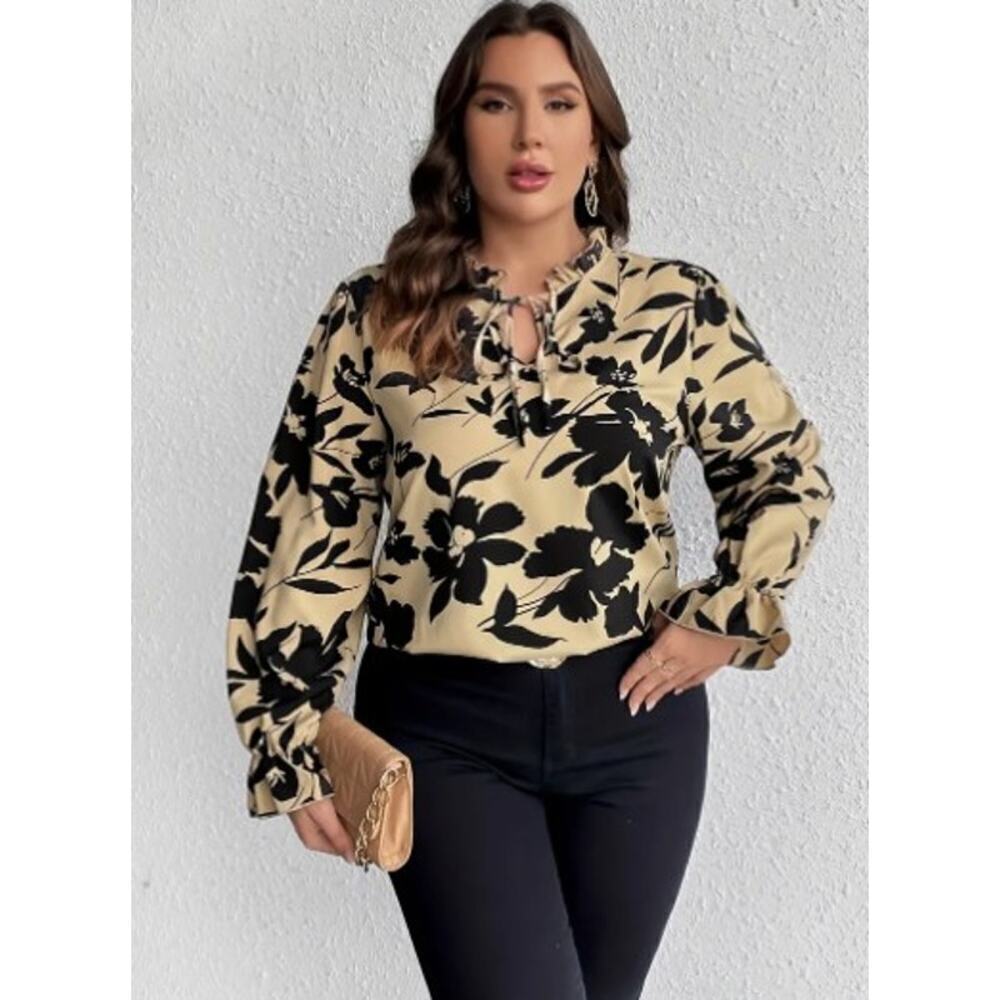 Women's Plus Floral Print Lettuce Trim Lantern Sleeve Keyhole Tie Blouse - Picture 3 of 4